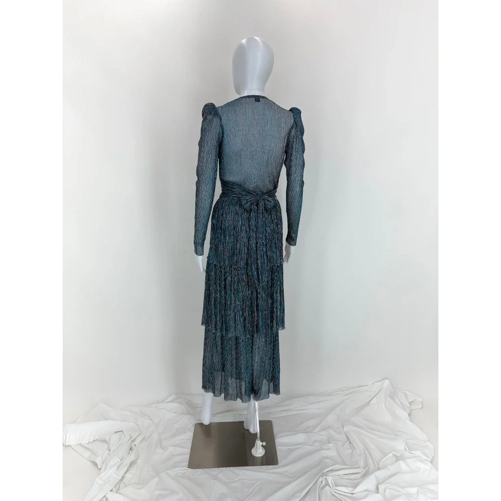 Sabina Musayev Pleated Carry Dress Teal Metallic Tiered Midi V-Neck XS - Picture 4 of 8